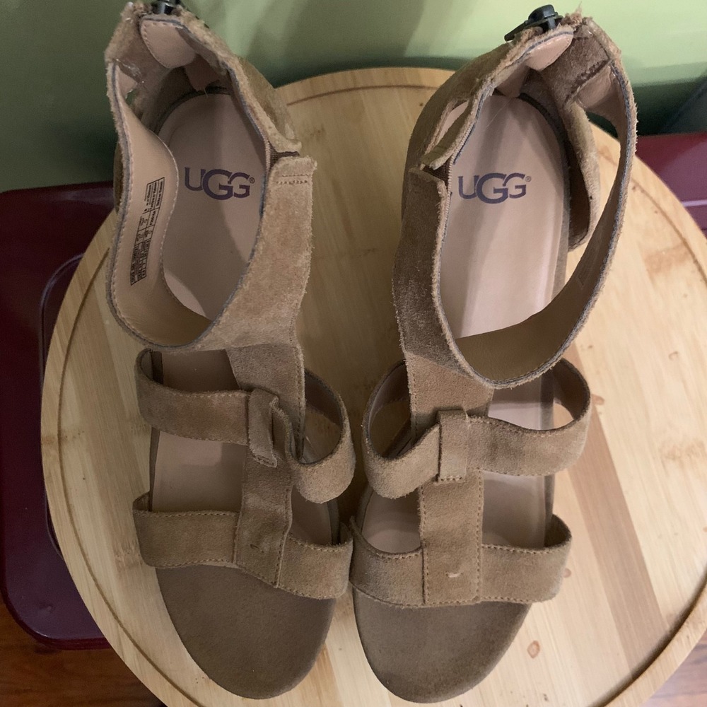 UGG Wedge Sandals Womens 8.5 Chestnut Whitney Suede Cork Platform Strappy Heel - Picture 8 of 8
